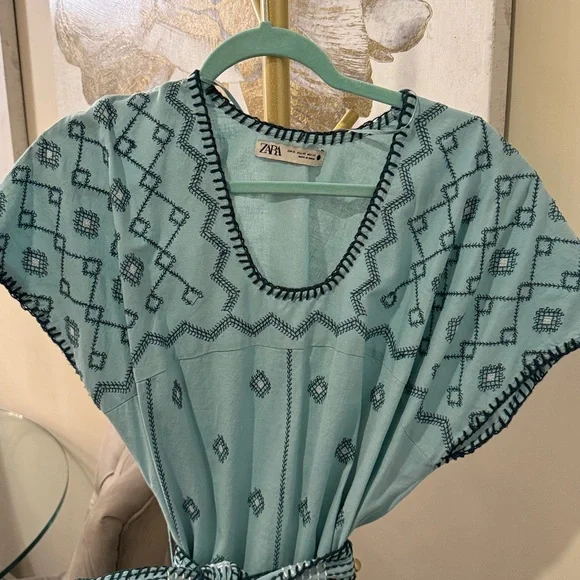 Zara Mint Green Embroidered Dress Midi Dress Kaftan Size extra small - Picture 12 of 13